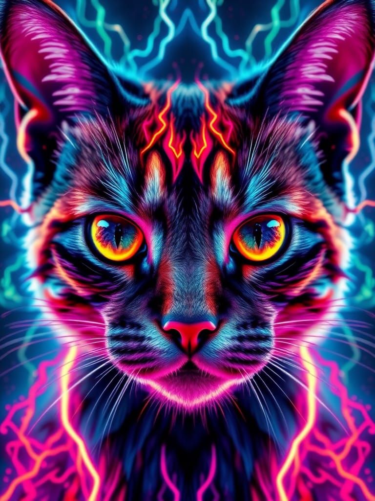 Psychedelic Cat Face in Toxic Neon Digital Art