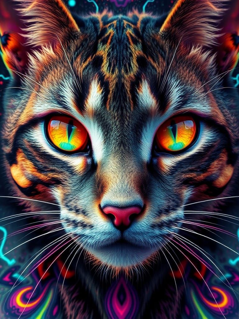 Psychedelic Cat Face in Toxic Neon Colors