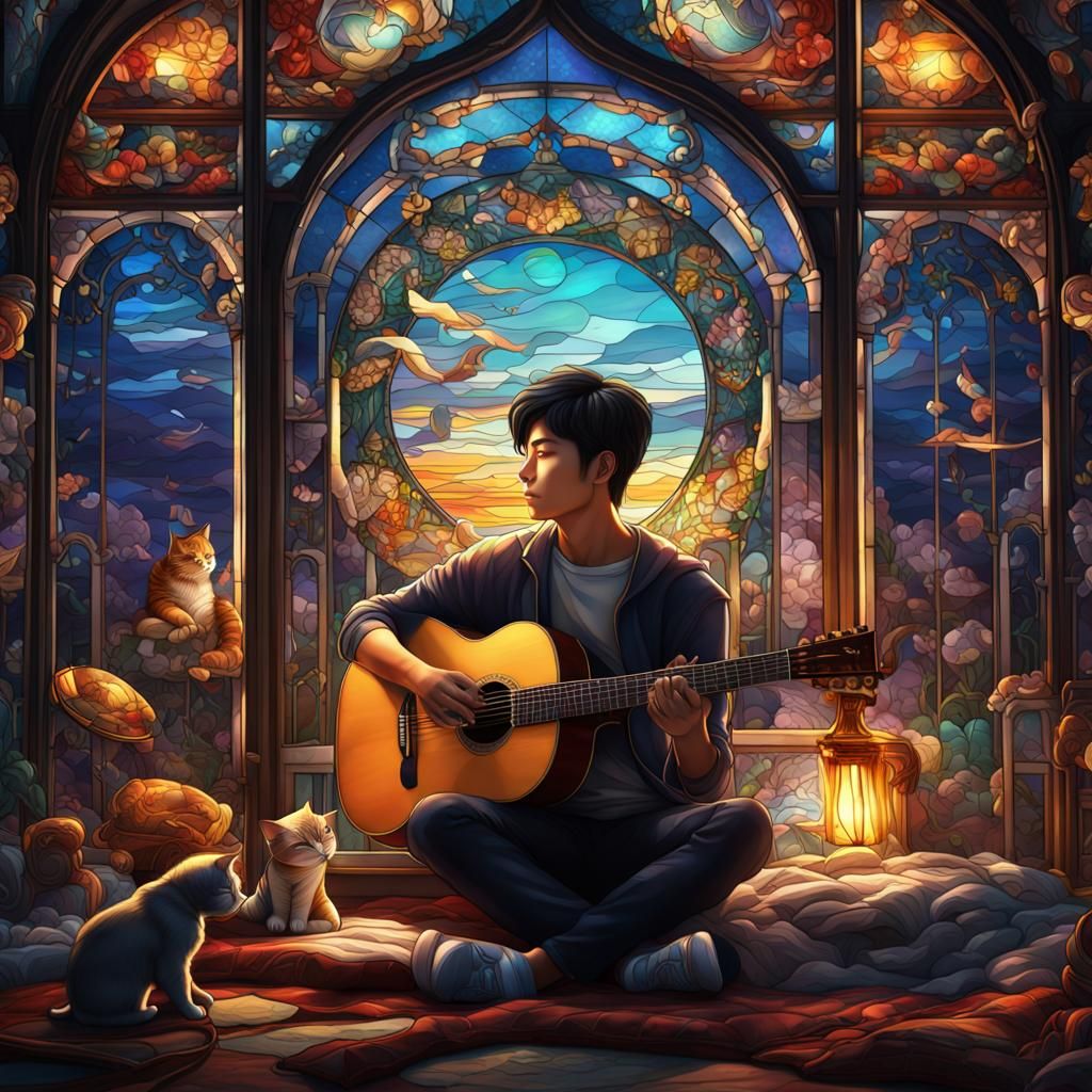 Stained Glass: Asian Man with Guitar in Bedroom