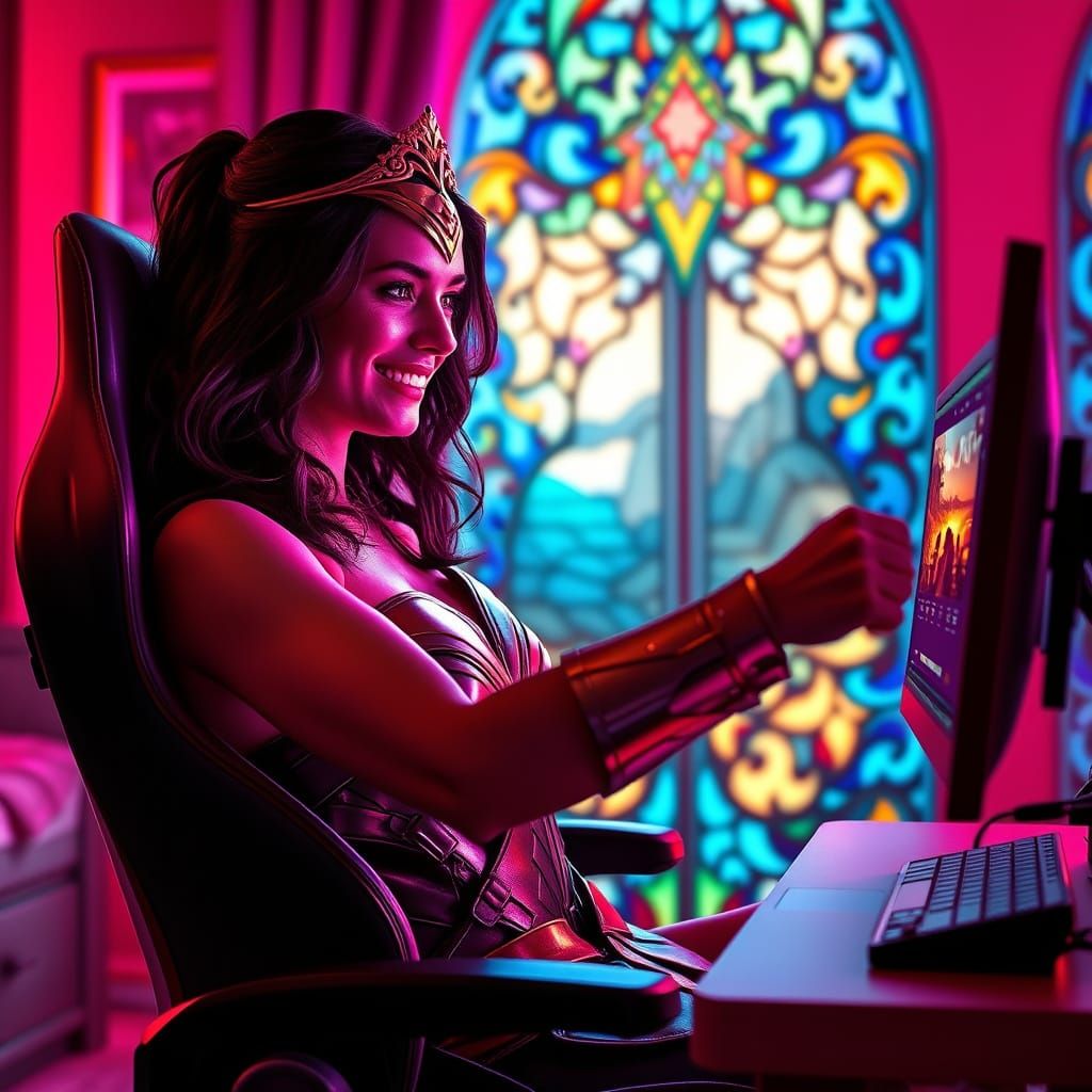 Gal Gadot's Wonder Woman in Art Nouveau Stained Glass