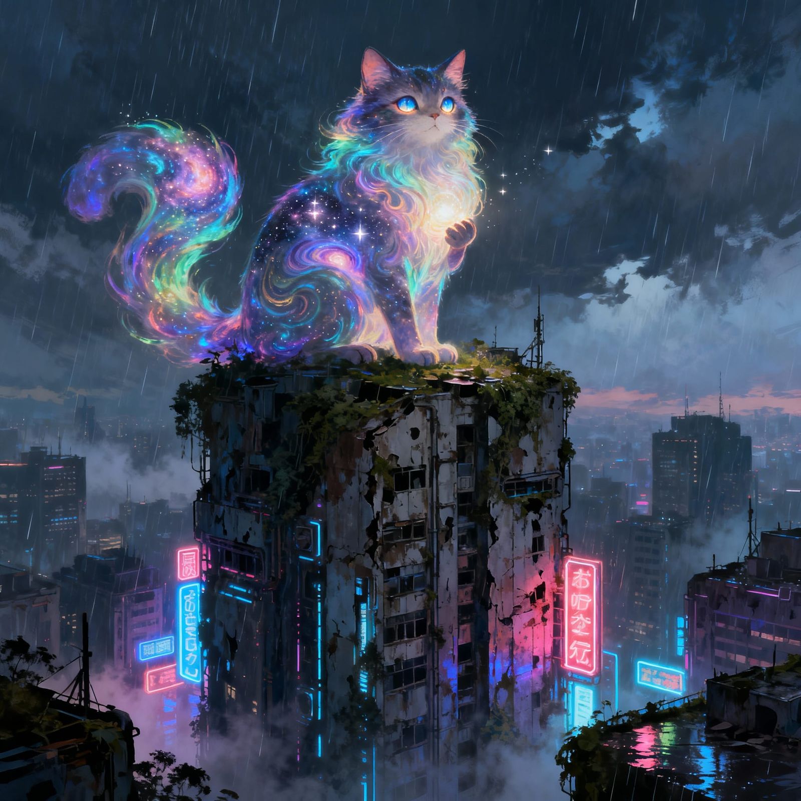 Ethereal Nebula Cat on Cyberpunk Skyscraper