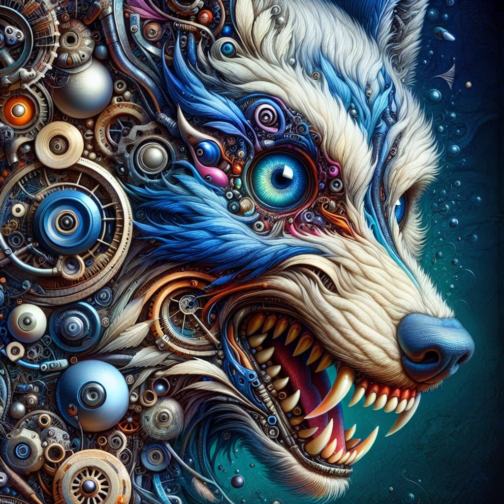 Surreal Wolf Head with Mechanical Fusion
