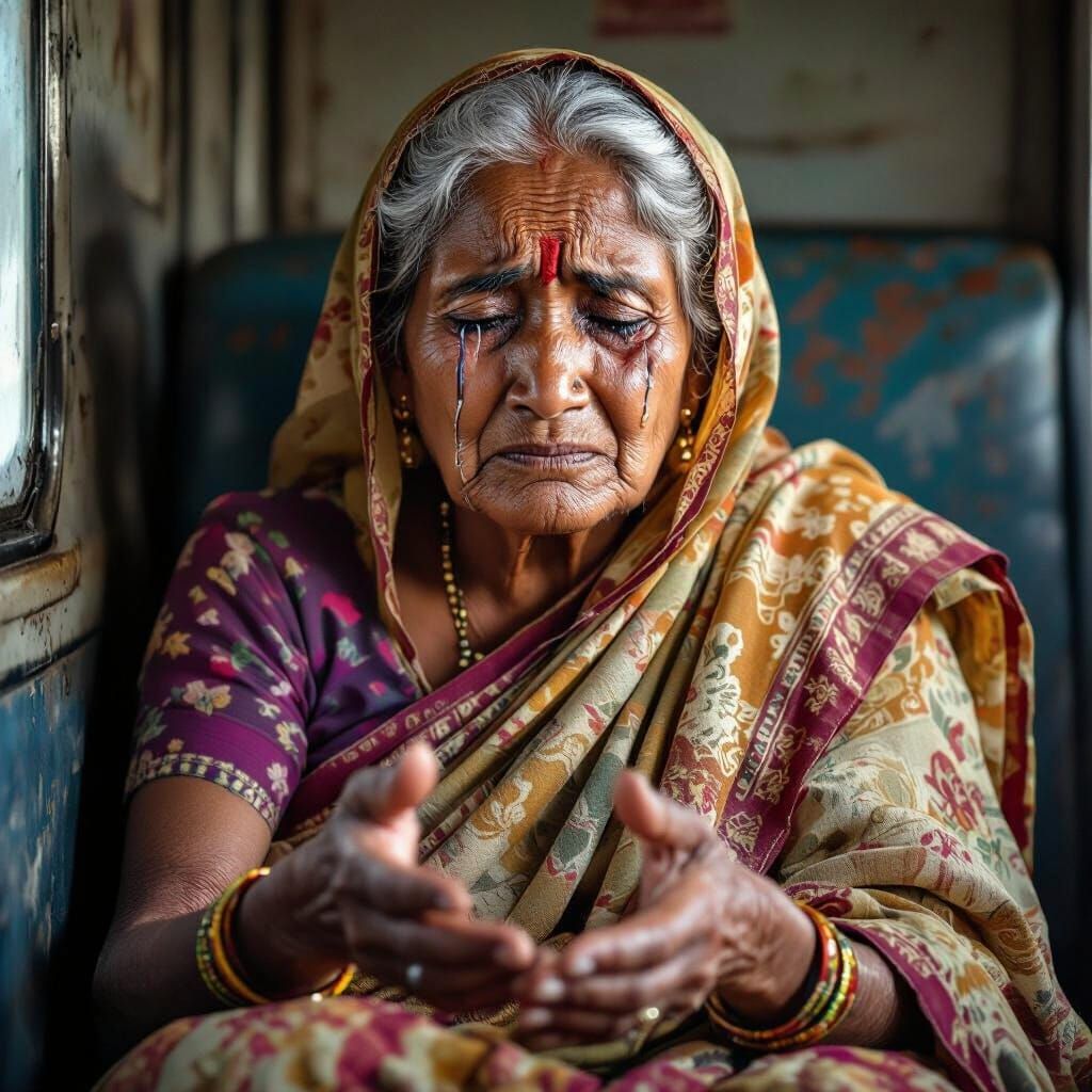 Distressed Indian Grandmother on Train in Hyper-Realistic St...