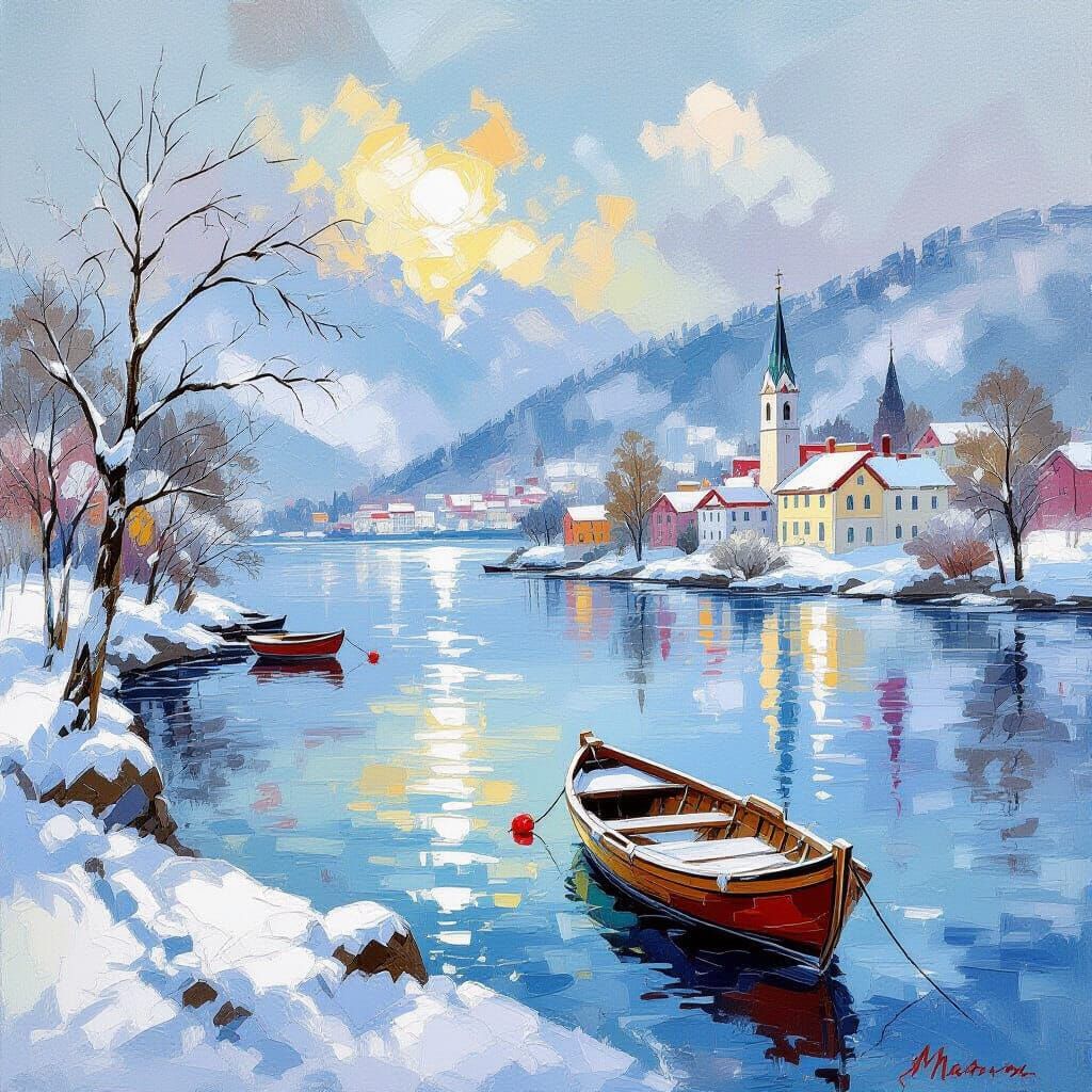 Winter Lake in Gouache and Watercolor Style