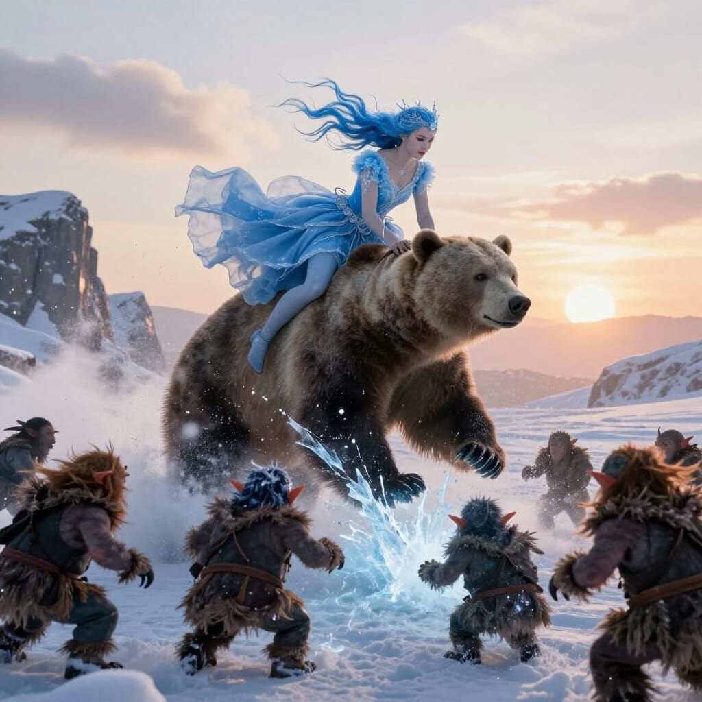 Ice Sorceress on Bear Attacks Goblins at Sunrise
