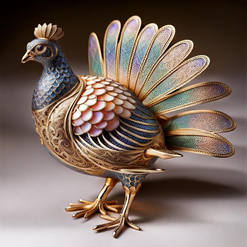 Intricate Metal Turkey Sculpture in Fabergé Style