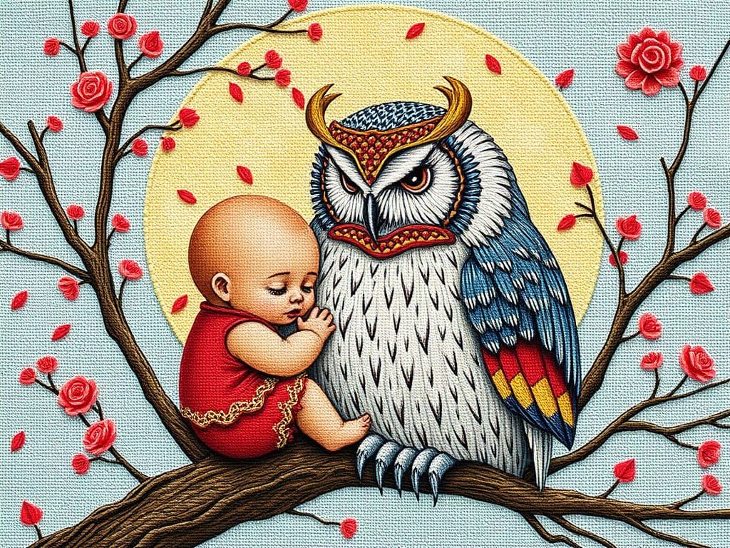 Whimsical Anime-Inspired Needlepoint Scene in Dreamy Style