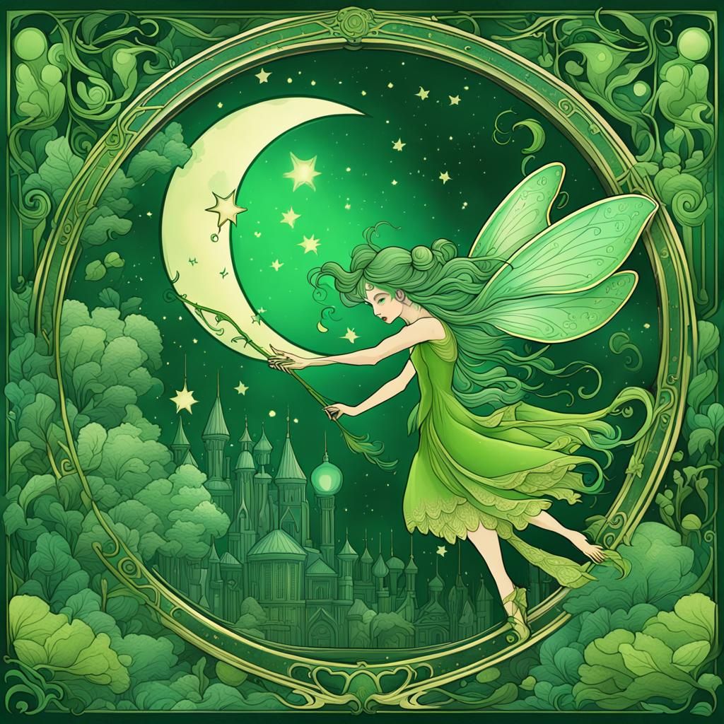 Green Fairy Flying by Moon in Art Nouveau Style