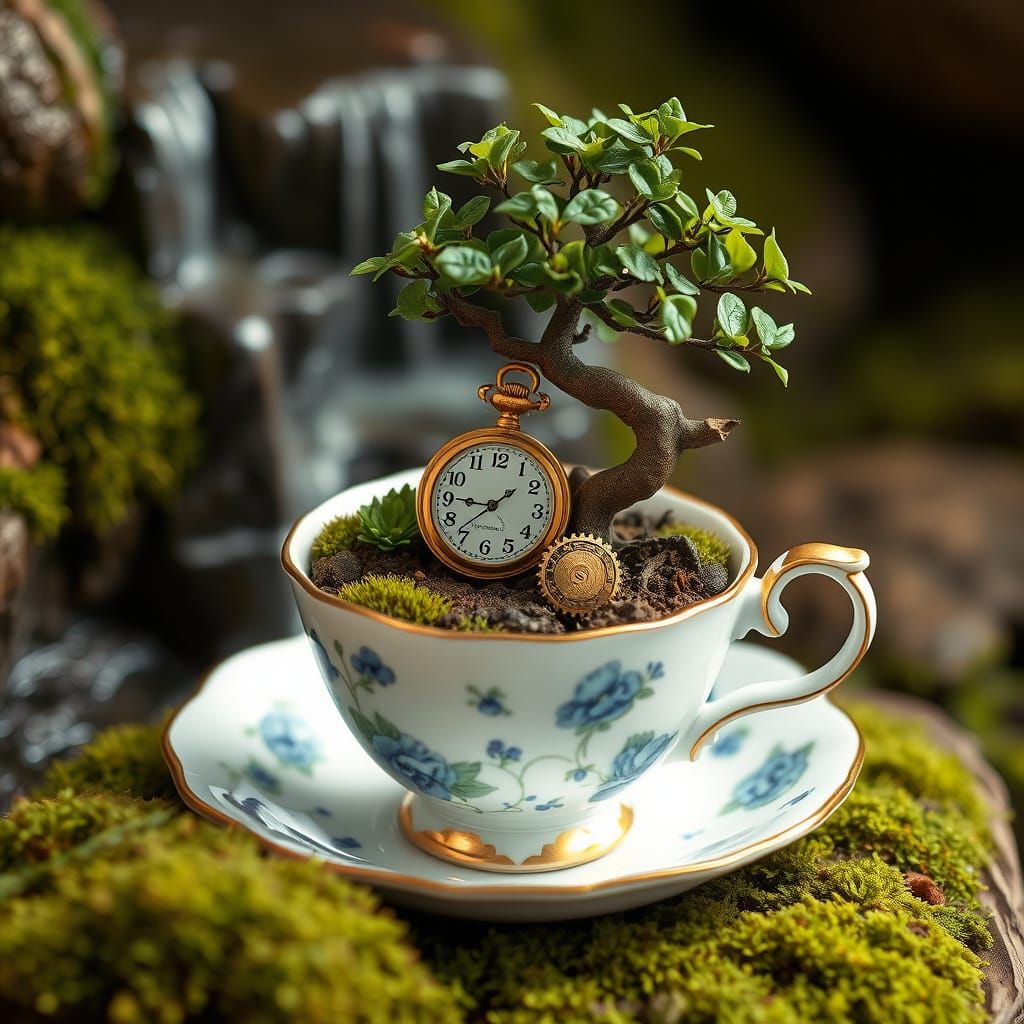 Miniature Bonsai Tree in Teacup, Photorealistic Style