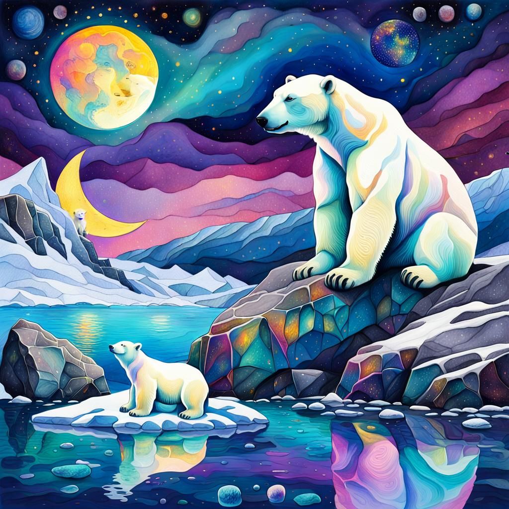 Polar Bear Family in Surreal Mixed Media Style
