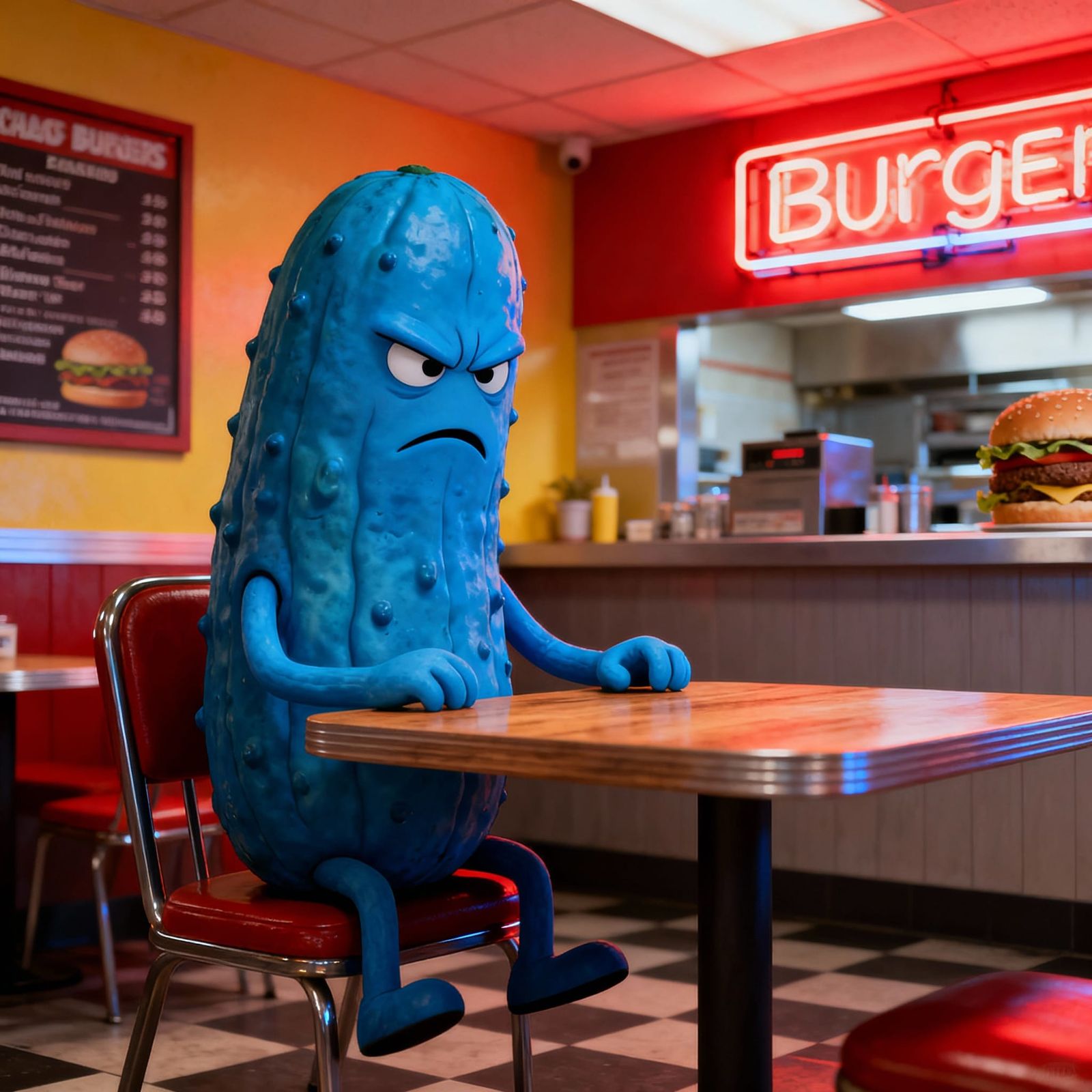 Chubby Blue Pickle with Sour Face in Burger Restaurant