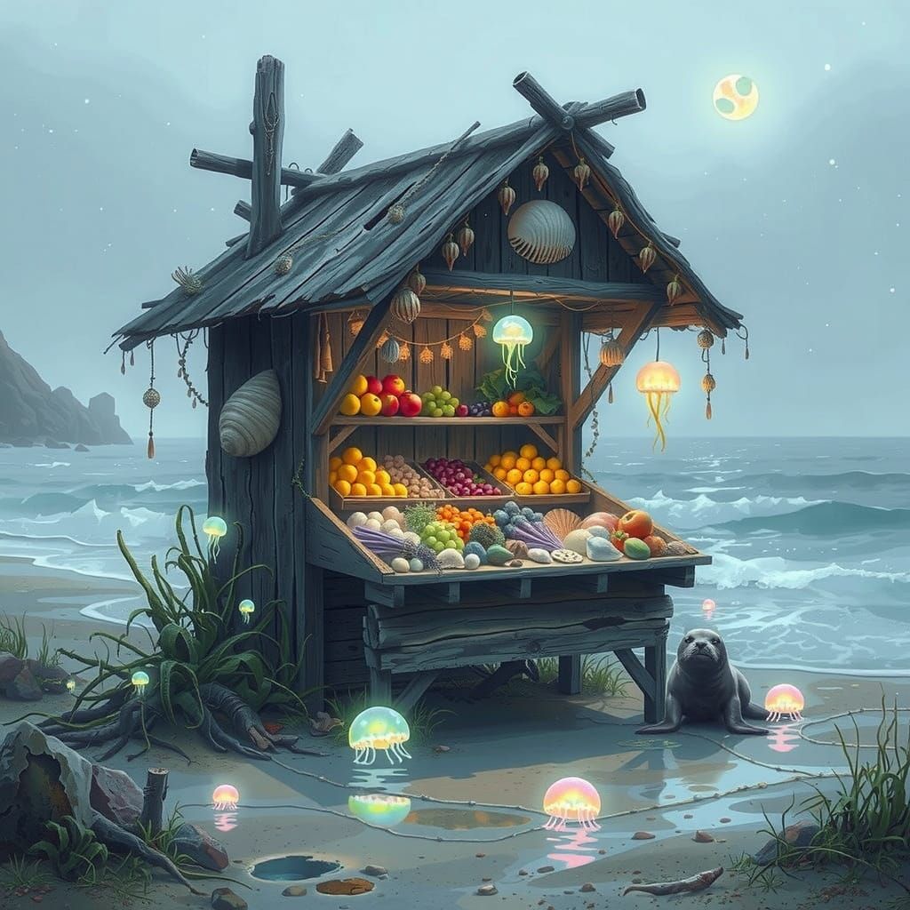 Ethereal Beach Farmstand with Bioluminescent Produce