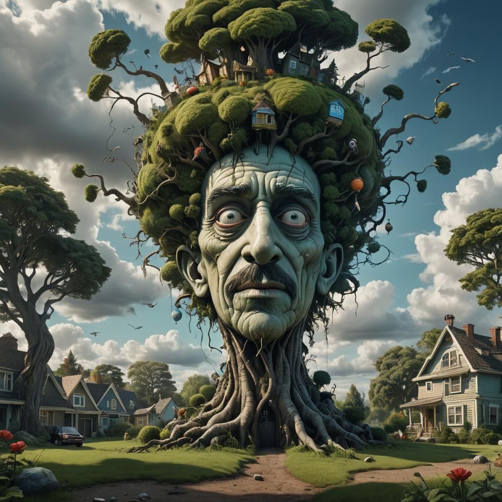 Surreal Giant Head Landscape in Burtonesque Style