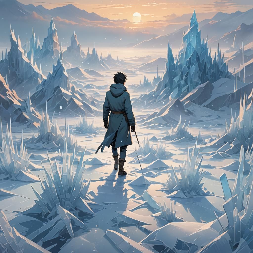 Lone Figure in Frozen Wasteland: Anime-Inspired Digital Art