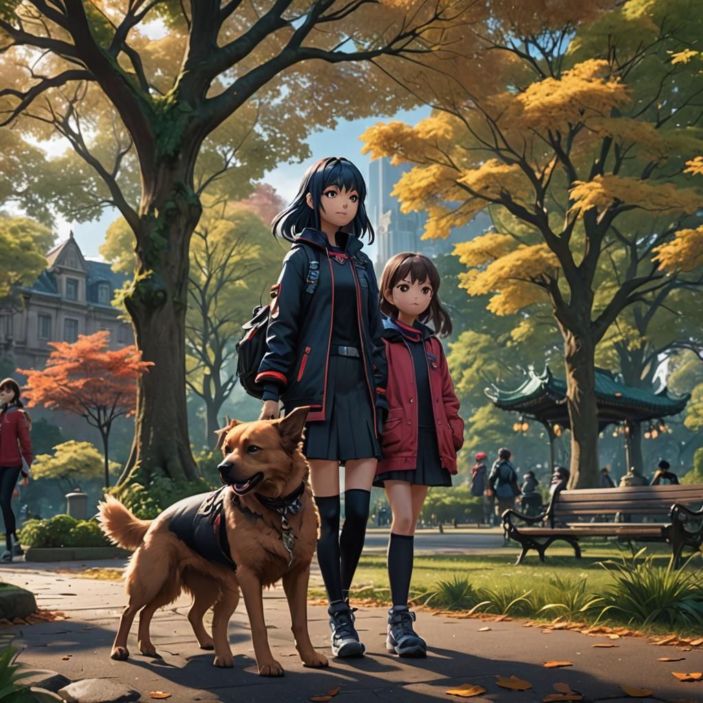 Anime Dog and Girl in Park: Detailed Matte Painting