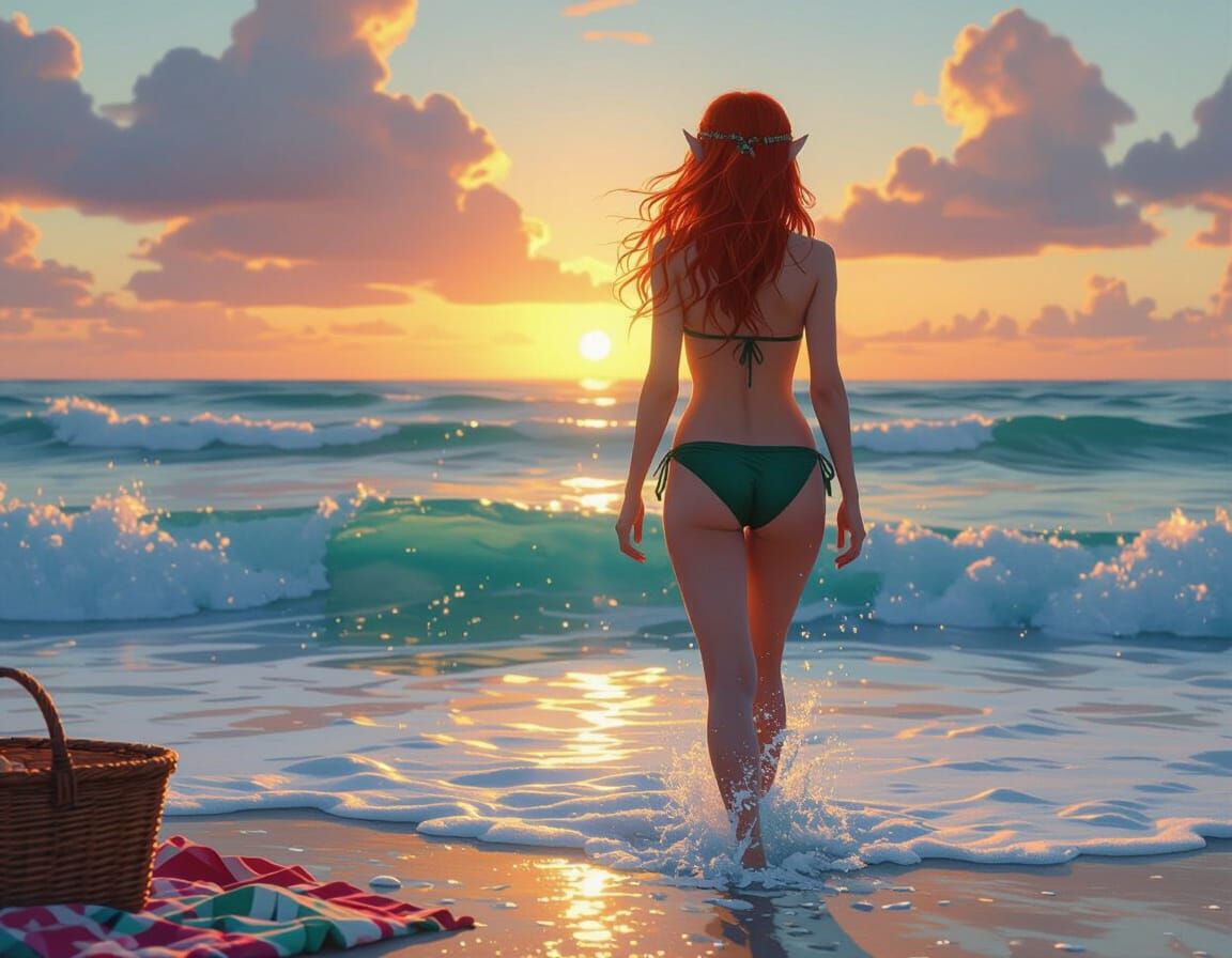 Sunset Elf with Picnic Basket: Digital Art