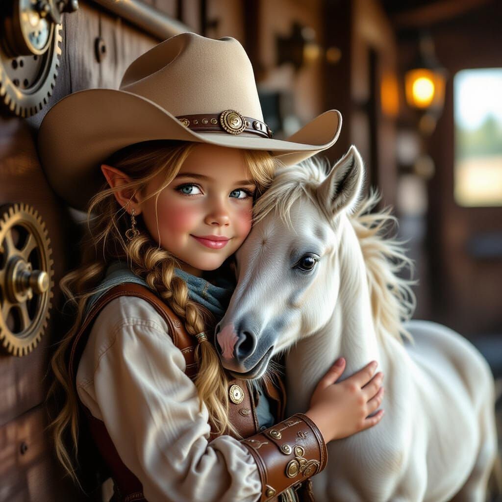 Elven Cowgirl and Foal in Steampunk Stable