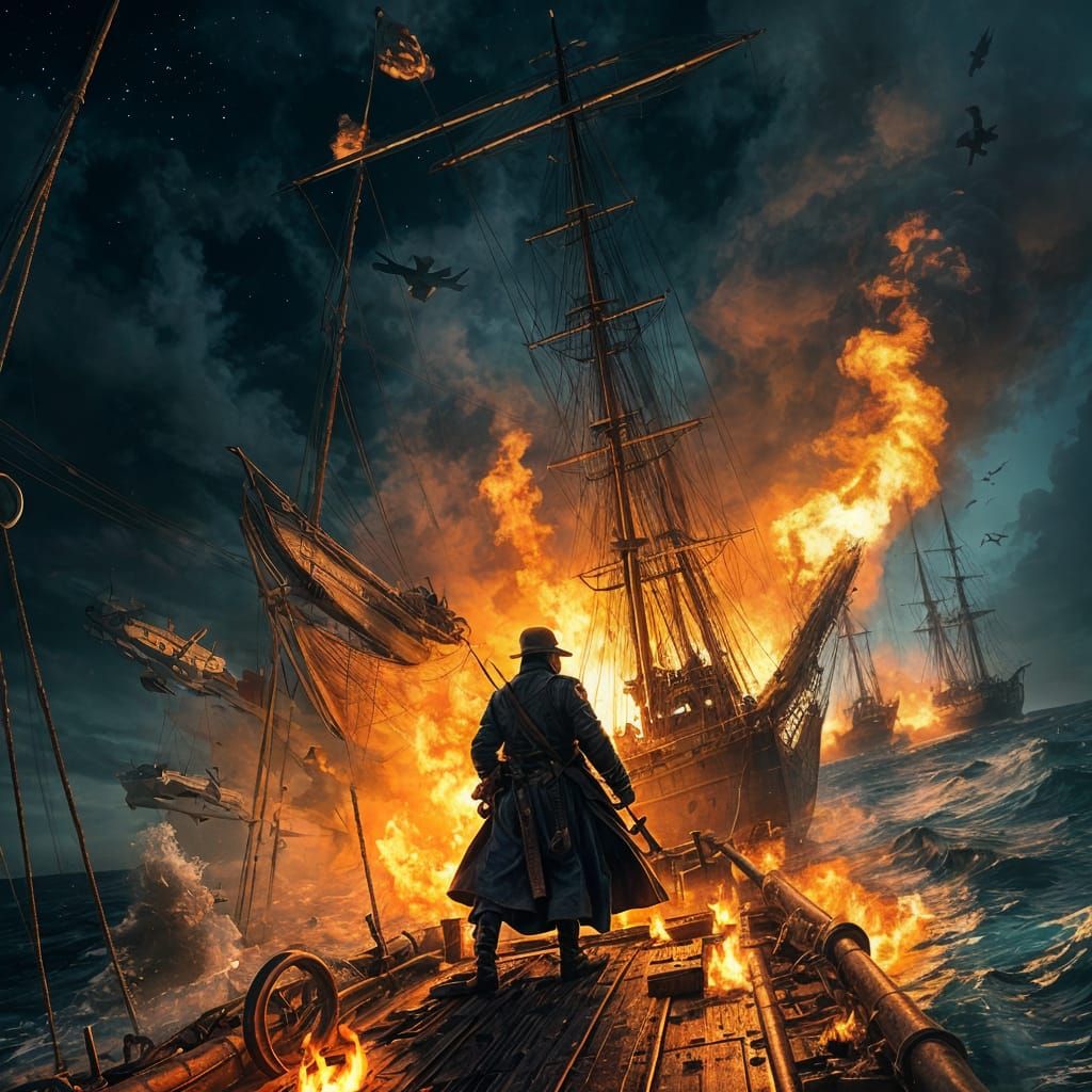 Captain Amidst Burning Galleons in Epic Naval Battle