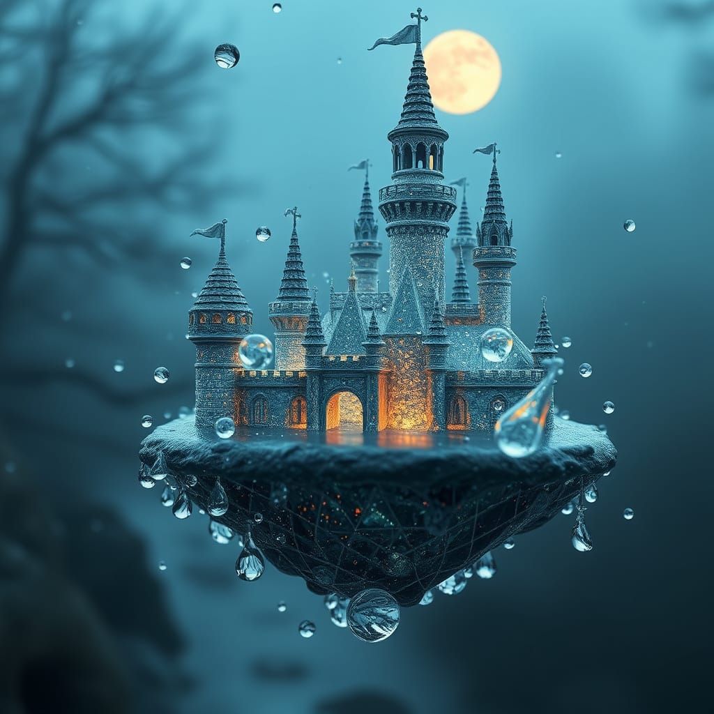 Ethereal Water Castle in Moonlit Realism