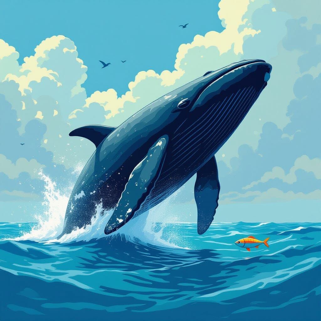 Massive Whale Breaching Ocean with Tiny Fish, Vibrant Blues ...