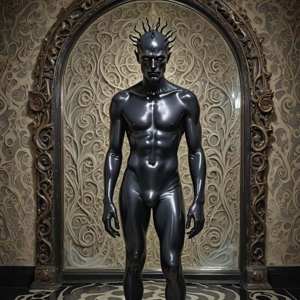 A striking and surreal portrait image depicting Fawsums, the newly formed latex rubber Cenobite, in a labyrinthine realm...