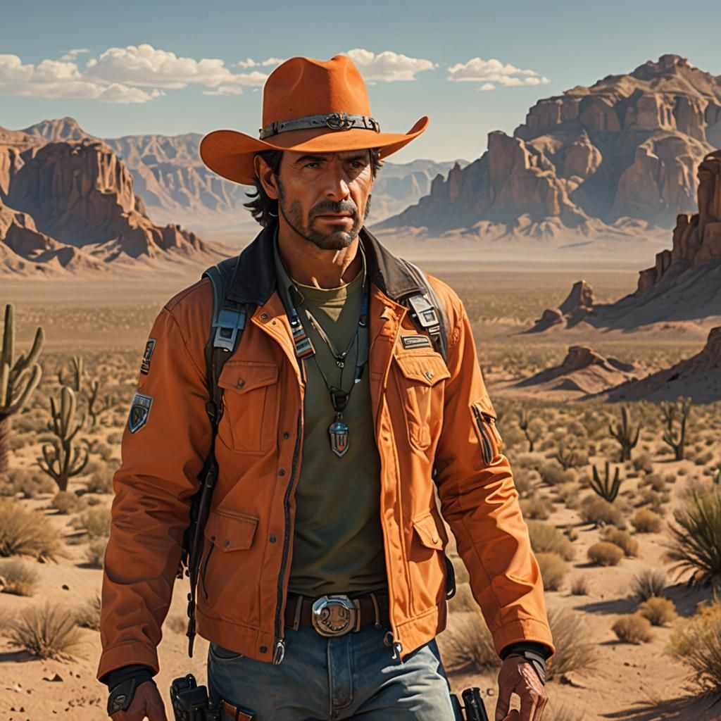Rugged Man in Desert Landscape, Photorealistic Rendering