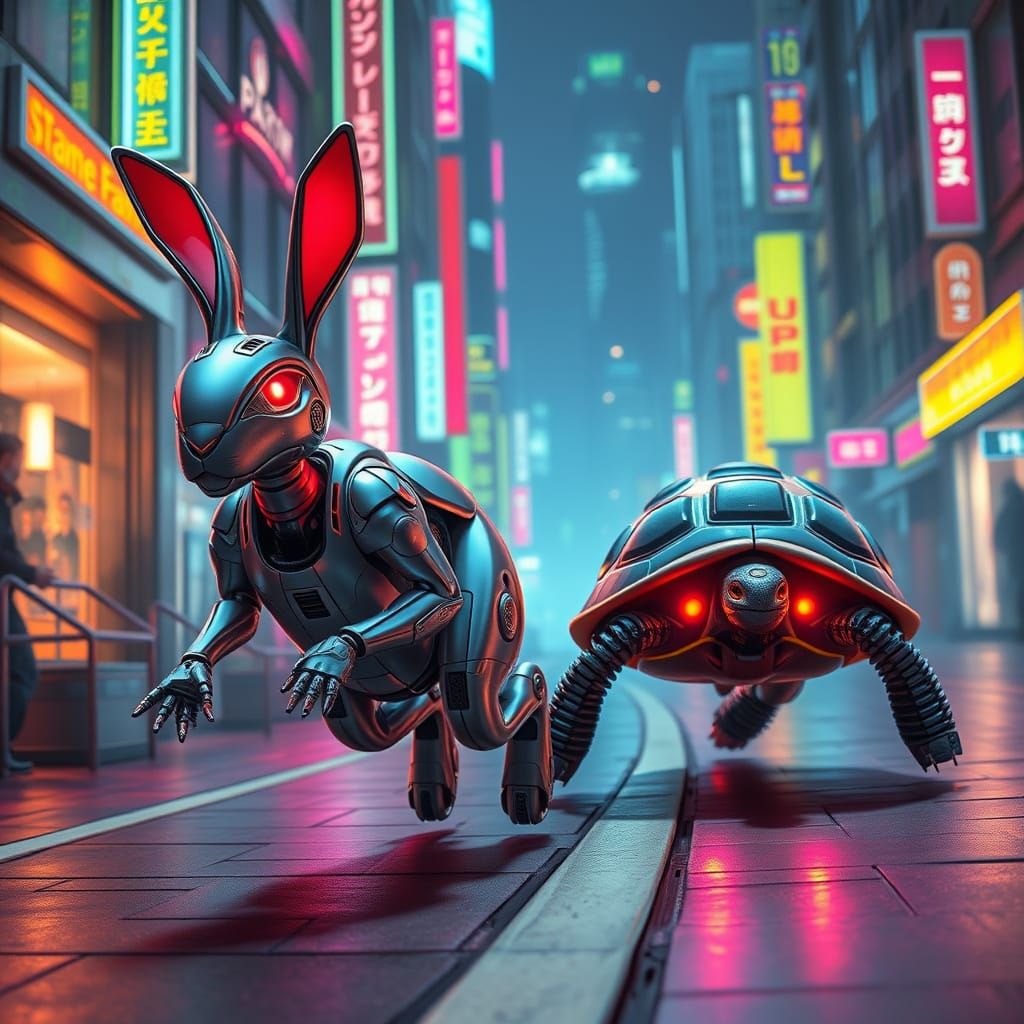 Cybernetic Hare and Tortoise Race in Neon City