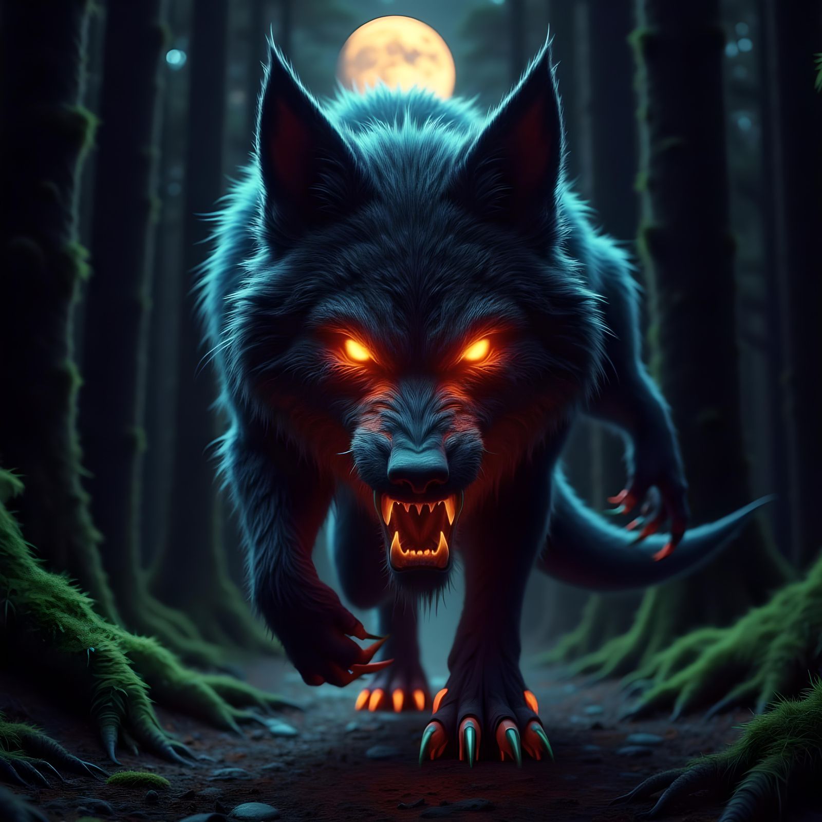 Fierce Werewolf Charging in Moonlit Forest, Digital Art