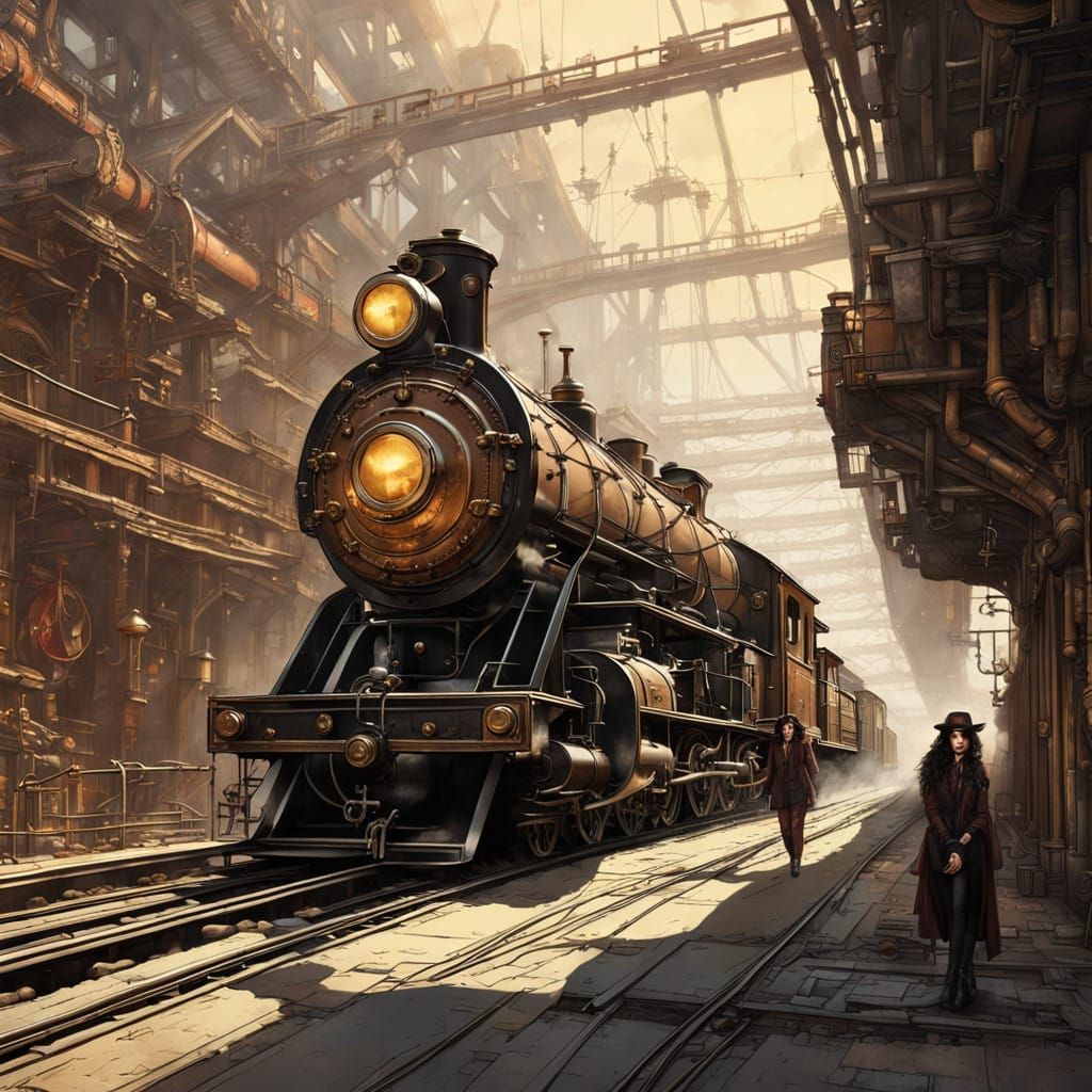 Woman Bracing for Impact in Industrial Steampunk Yard