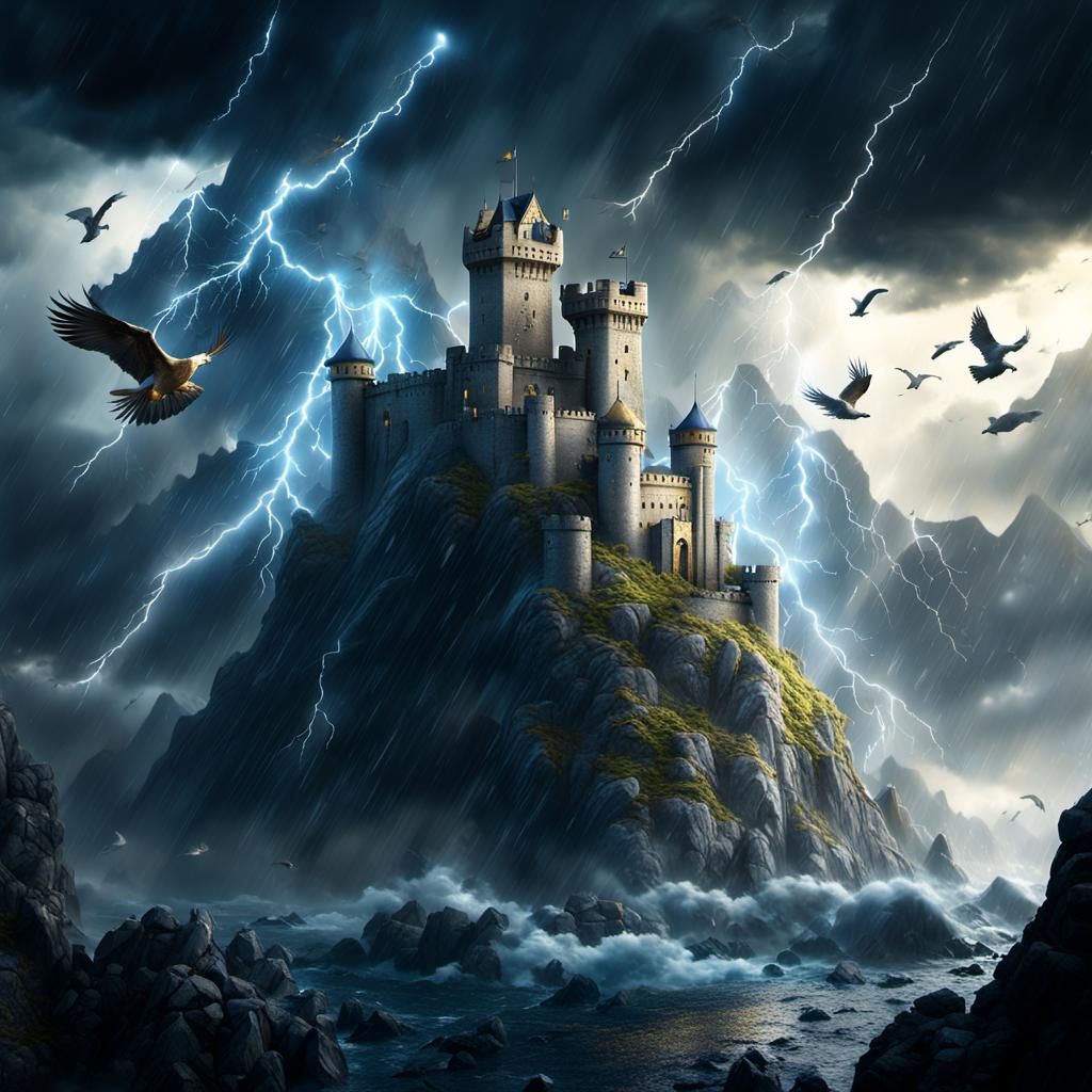 Golden Castle Pierces Storm: Dramatic Matte Painting