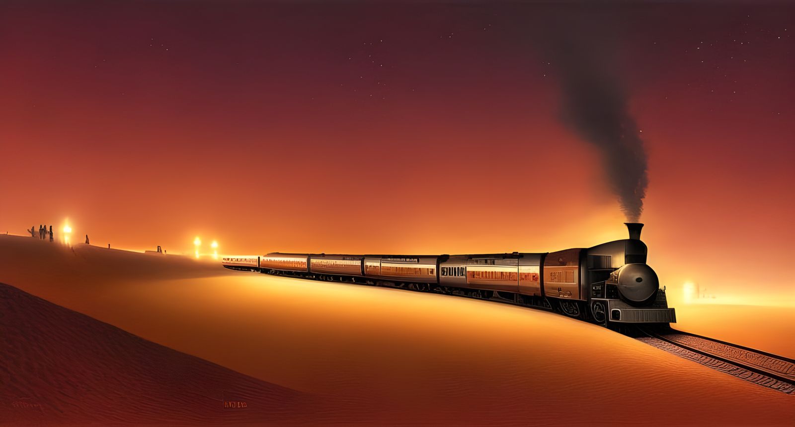 Orient Express Train in Desert Night Painting