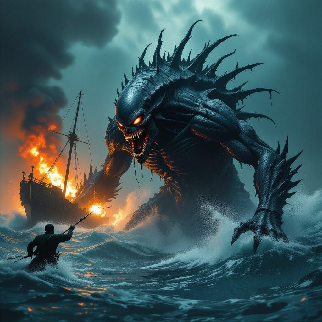 Nightmarish Sea Creature Attacks Burning Ship in Gothic Horr...