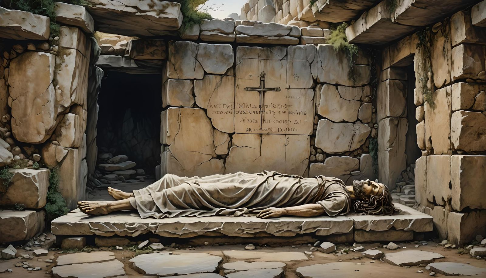 Jesus Christ in Tomb: Hyperdetailed Arthur Rackham Style