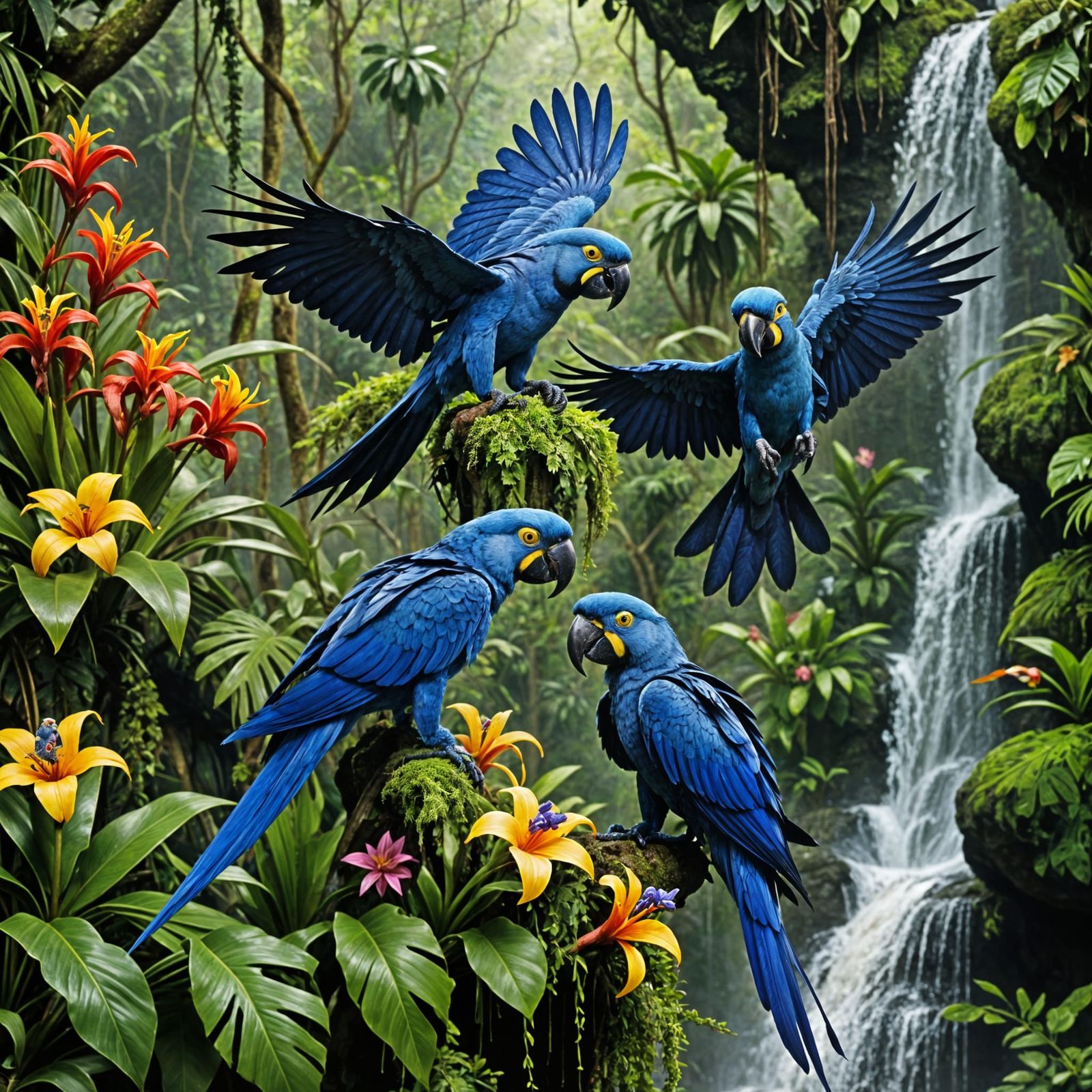 Vibrant Hyacinth Macaws Take Flight in Tropical Rainforest