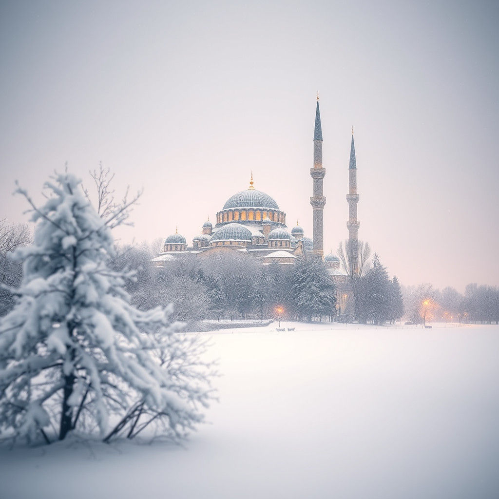Serene Winter Mosque in Snow-Covered Landscape
