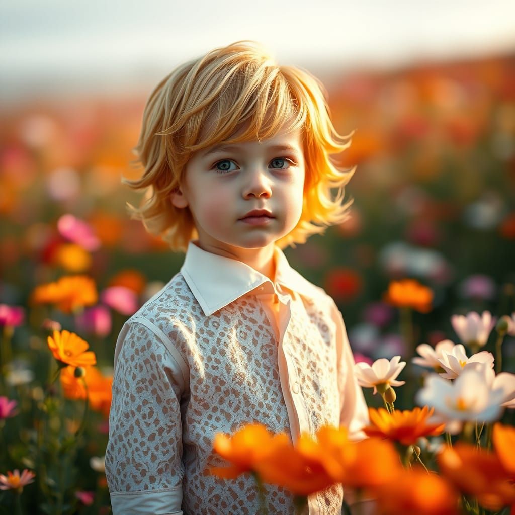 Child in Flower Field: Photorealistic Origami Style
