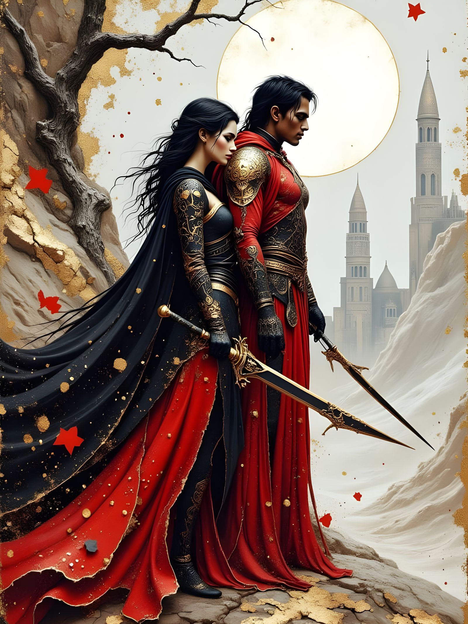 Sorceress and Warrior Under a White Moon
