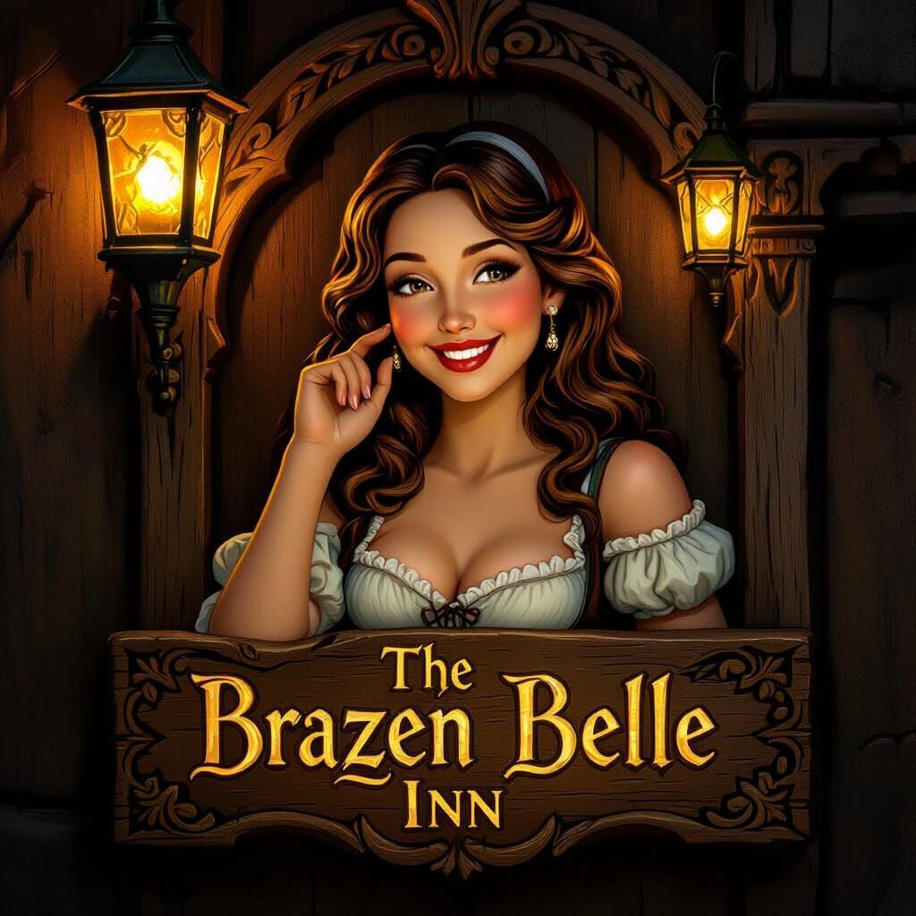 Renaissance Tavern Sign: Carved Maiden in Lantern Light