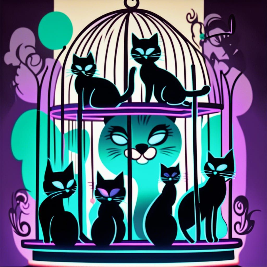 Cats Around Bird Cage in Atomic Age Art Style