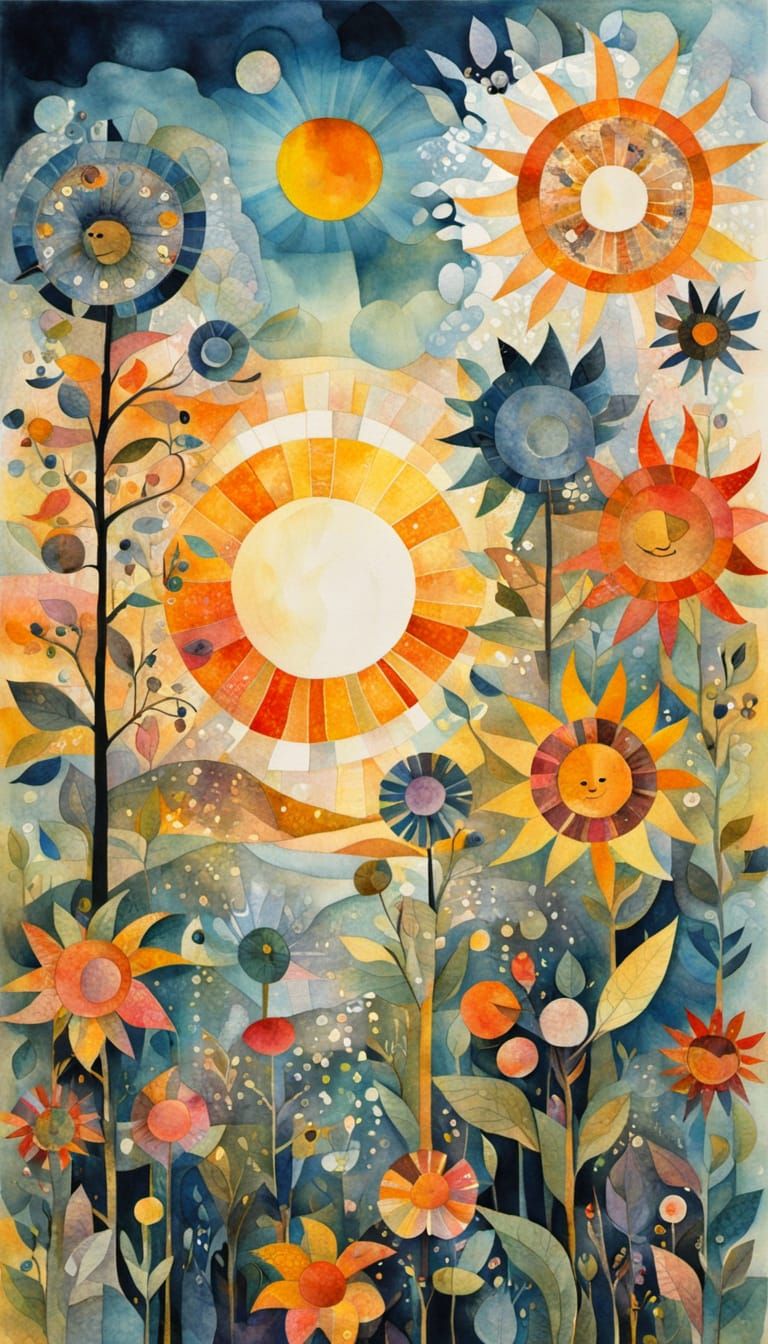 Vibrant Sun-Drenched Fabric Collage in Mystical Watercolor S...