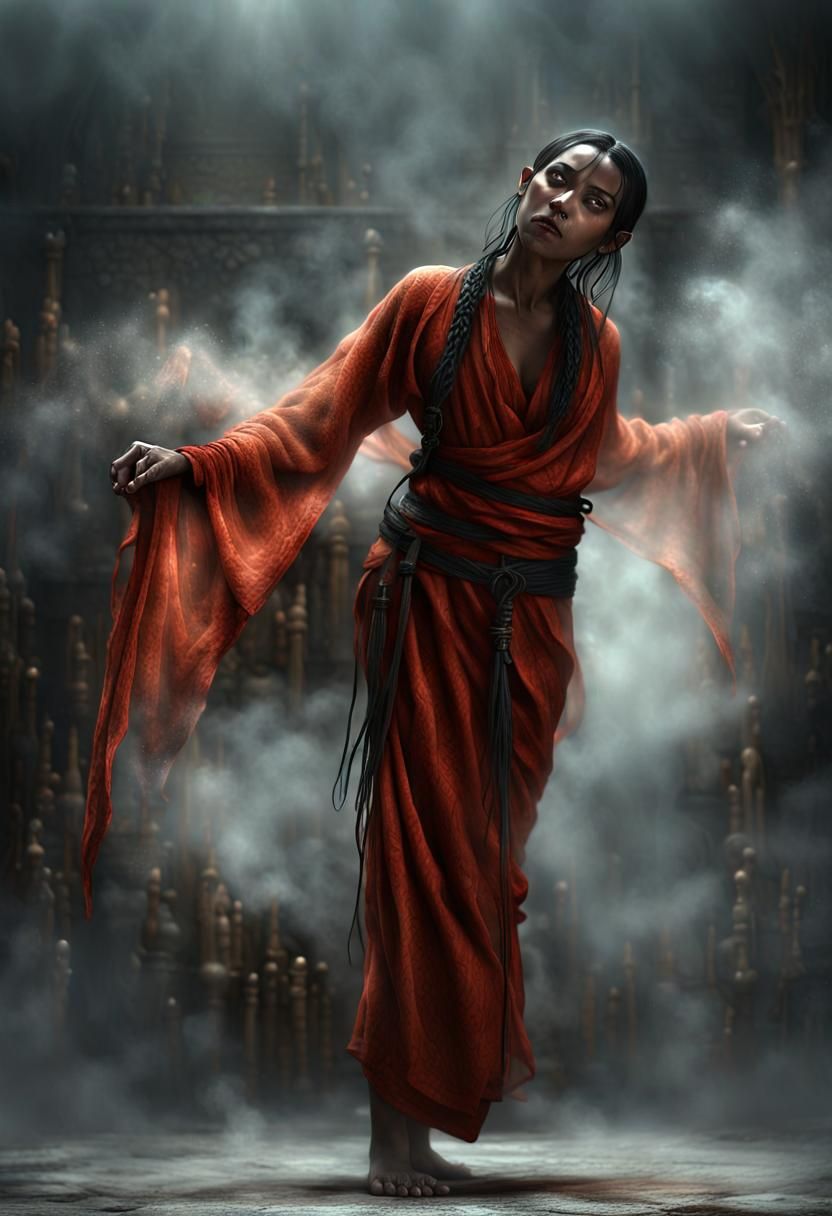 Hyperrealistic Hobbit Monk in Smokey Dark Room