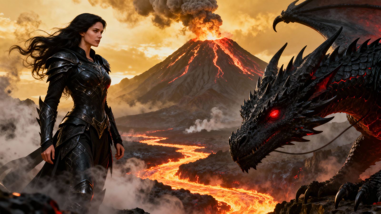 Warrior Woman and Black Dragon in Fiery Landscape