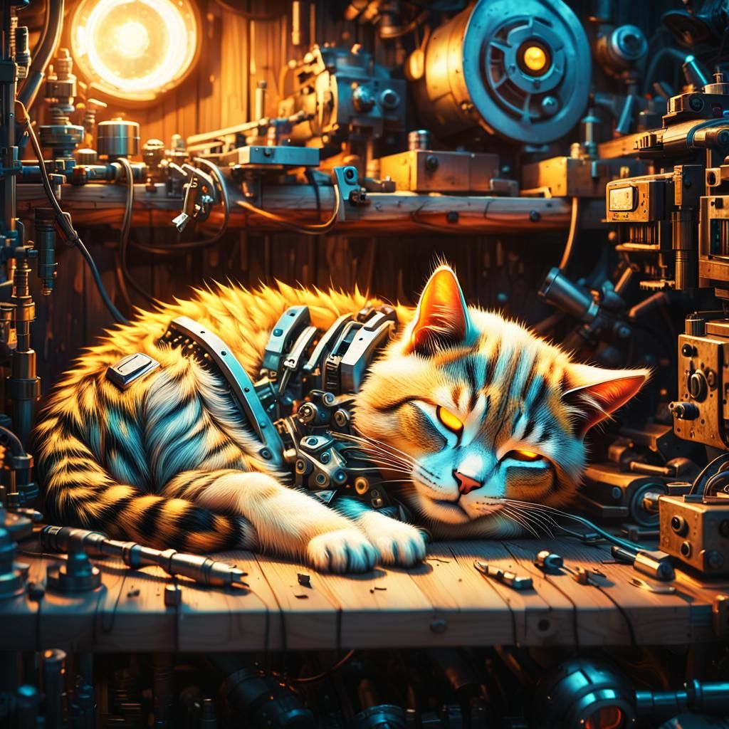 Vibrant Robot Cat in Cozy Workshop