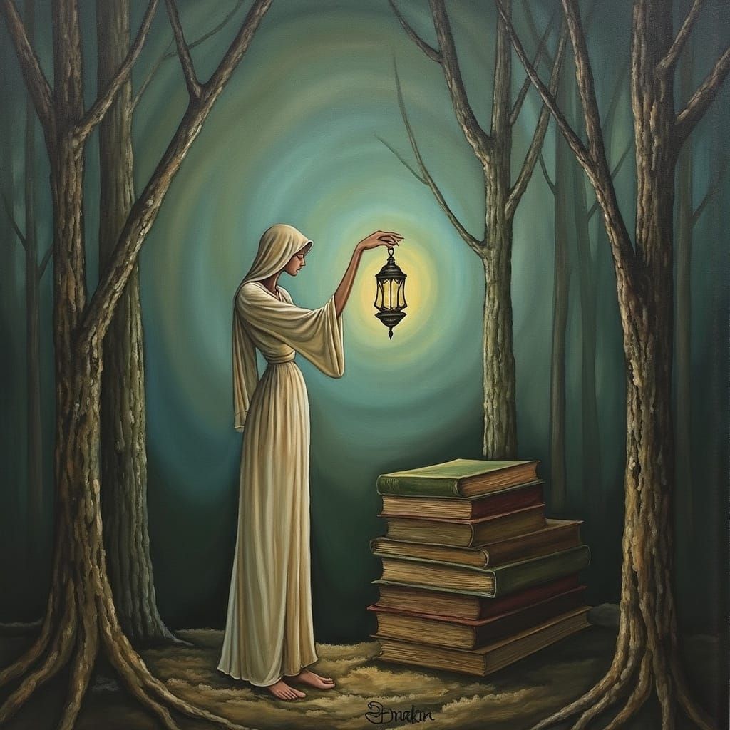 Mystical Woman with Lantern Illuminating Antique Books