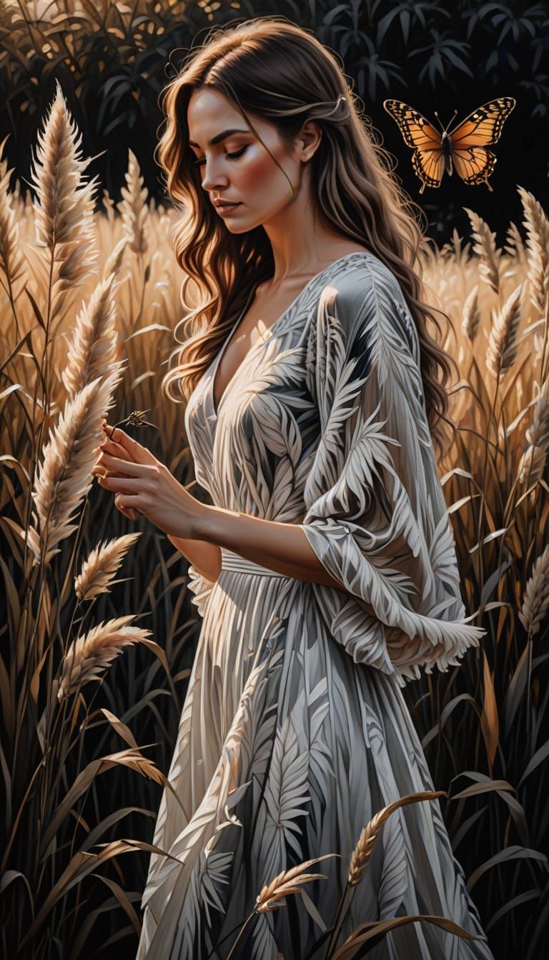 A dramatic monochrome black and white oil painting of a beautiful woman in a flowing dress gently bending down towards a...