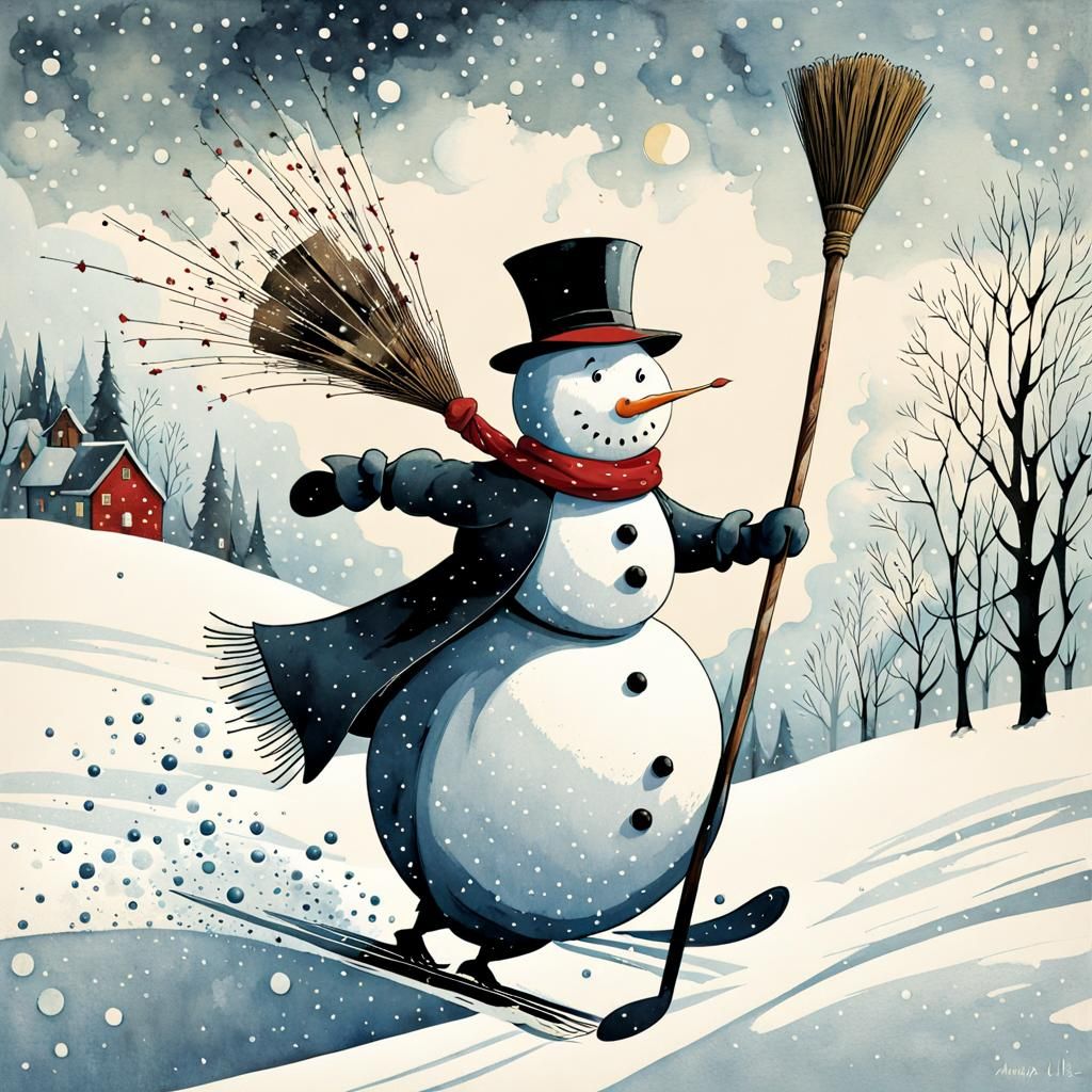 Whimsical Watercolor: Frosty Snowman in Winter Landscape