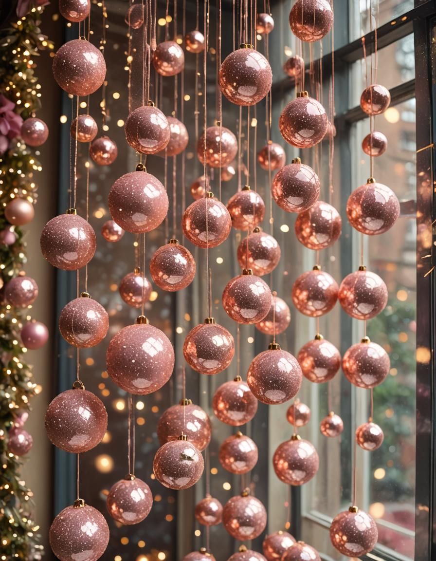Sparkly Pink Ornamental Balls Hanging in Window