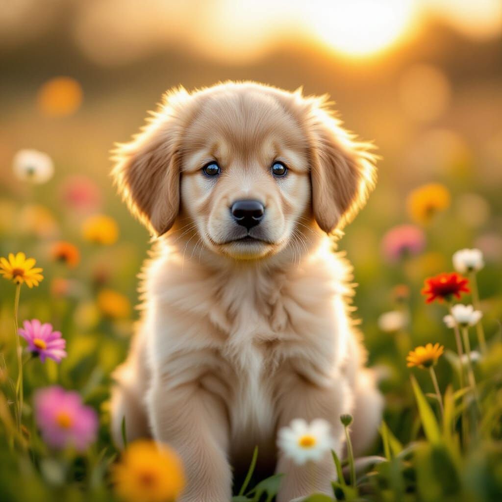 Adorable Golden Retriever Puppy in Sunlit Wildflower Meadow