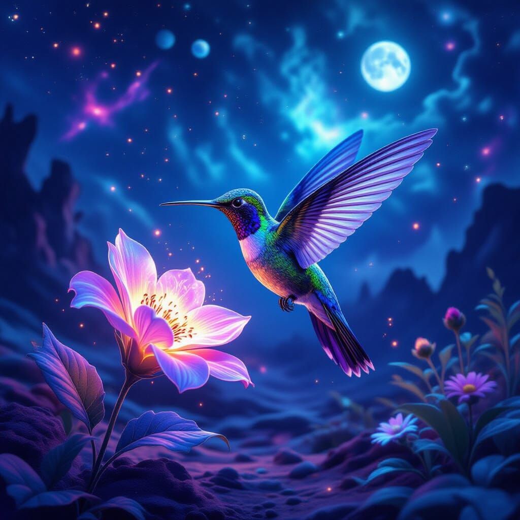 Hummingbird in Cosmic Dust on Alien Planet