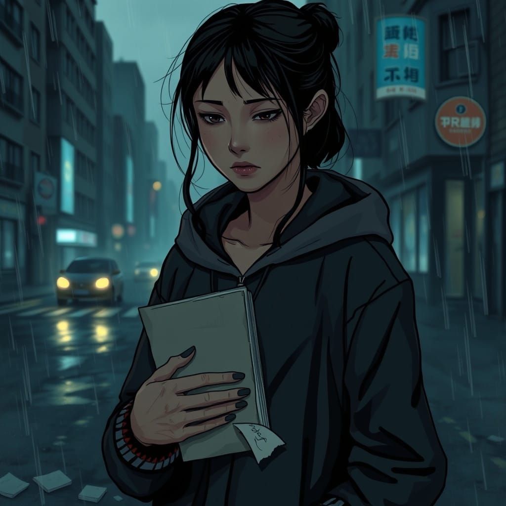 Solemn Young Woman Standing Alone in the Rain, Lost in Thoug...